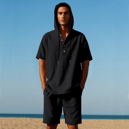 Herren Sommer Leinen Kapuzenhemd &amp; Shorts Set Leichtes Casual Beachwear Set | CW15 