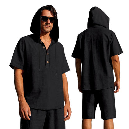 Herren Sommer Leinen Kapuzenhemd &amp; Shorts Set Leichtes Casual Beachwear Set | CW15 