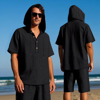 Herren Sommer Leinen Kapuzenhemd &amp; Shorts Set Leichtes Casual Beachwear Set | CW15 
