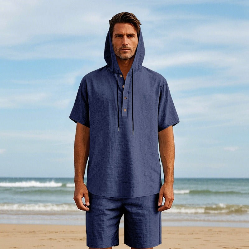 Herren Sommer Leinen Kapuzenhemd &amp; Shorts Set Leichtes Casual Beachwear Set | CW15 