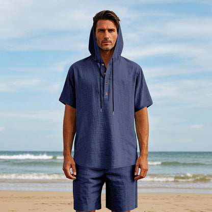 Herren Sommer Leinen Kapuzenhemd &amp; Shorts Set Leichtes Casual Beachwear Set | CW15 