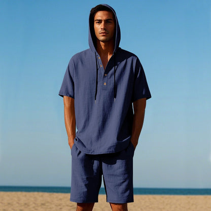 Herren Sommer Leinen Kapuzenhemd &amp; Shorts Set Leichtes Casual Beachwear Set | CW15 
