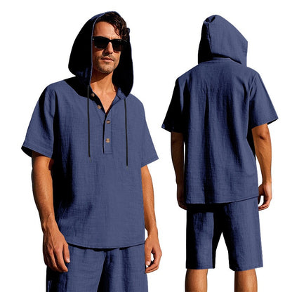 Herren Sommer Leinen Kapuzenhemd &amp; Shorts Set Leichtes Casual Beachwear Set | CW15 
