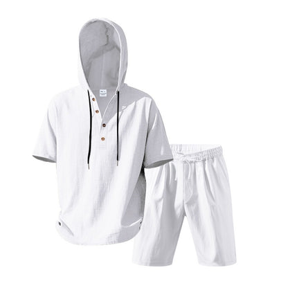 Herren Sommer Leinen Kapuzenhemd &amp; Shorts Set Leichtes Casual Beachwear Set | CW15 