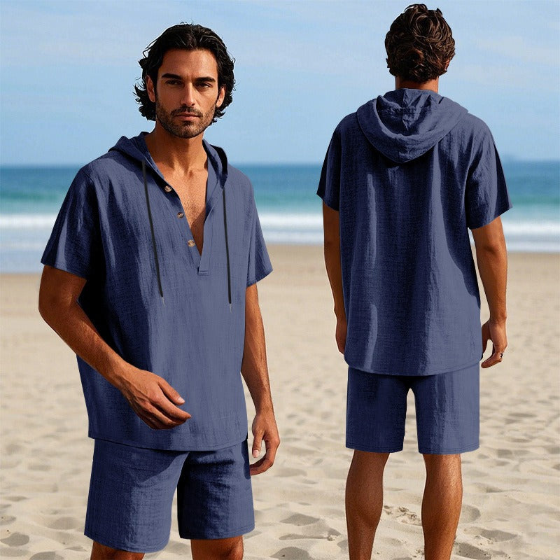 Herren Sommer Leinen Kapuzenhemd &amp; Shorts Set Leichtes Casual Beachwear Set | CW15 
