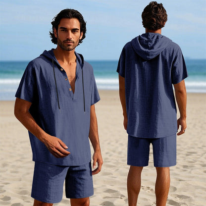Herren Sommer Leinen Kapuzenhemd &amp; Shorts Set Leichtes Casual Beachwear Set | CW15 