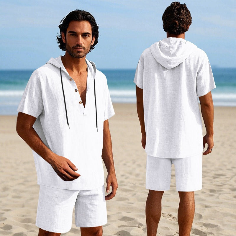 Herren Sommer Leinen Kapuzenhemd &amp; Shorts Set Leichtes Casual Beachwear Set | CW15 