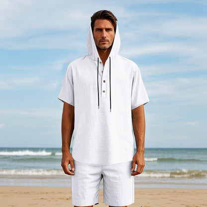 Herren Sommer Leinen Kapuzenhemd &amp; Shorts Set Leichtes Casual Beachwear Set | CW15 