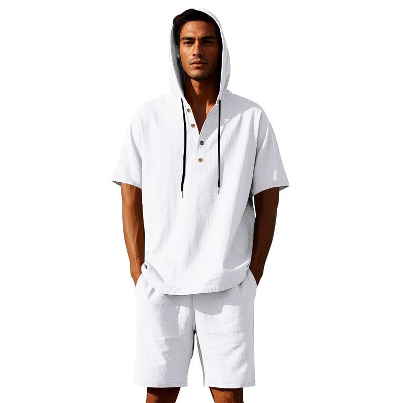 Herren Sommer Leinen Kapuzenhemd &amp; Shorts Set Leichtes Casual Beachwear Set | CW15 
