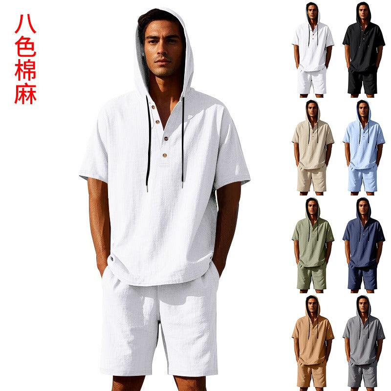 Herren Sommer Leinen Kapuzenhemd &amp; Shorts Set Leichtes Casual Beachwear Set | CW15 