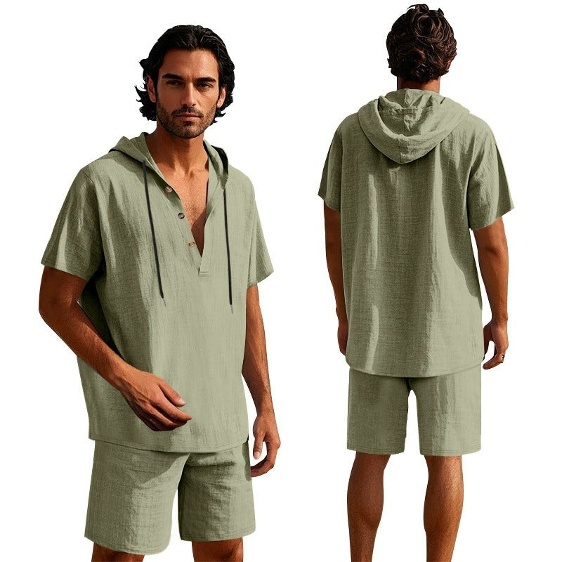 Herren Sommer Leinen Kapuzenhemd &amp; Shorts Set Leichtes Casual Beachwear Set | CW15 