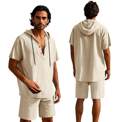 Herren Sommer Leinen Kapuzenhemd &amp; Shorts Set Leichtes Casual Beachwear Set | CW15 
