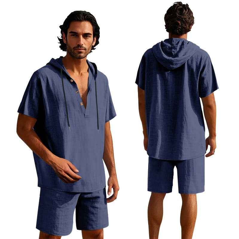 Herren Sommer Leinen Kapuzenhemd &amp; Shorts Set Leichtes Casual Beachwear Set | CW15 