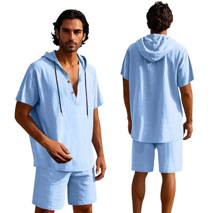 Herren Sommer Leinen Kapuzenhemd &amp; Shorts Set Leichtes Casual Beachwear Set | CW15 