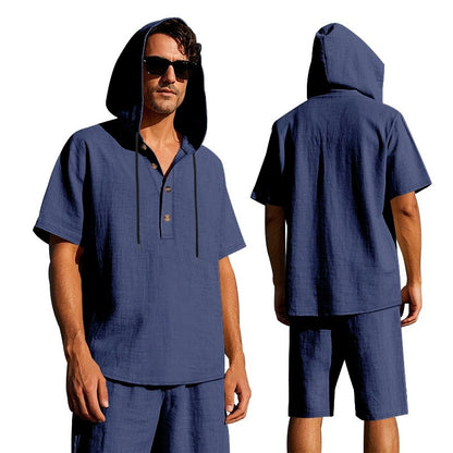 Herren Sommer Leinen Kapuzenhemd &amp; Shorts Set Leichtes Casual Beachwear Set | CW15 