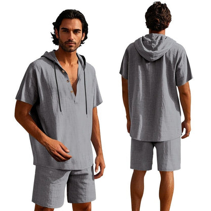 Herren Sommer Leinen Kapuzenhemd &amp; Shorts Set Leichtes Casual Beachwear Set | CW15 