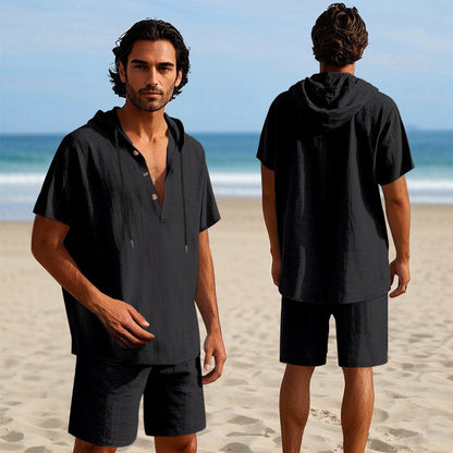 Herren Sommer Leinen Kapuzenhemd &amp; Shorts Set Leichtes Casual Beachwear Set | CW15 