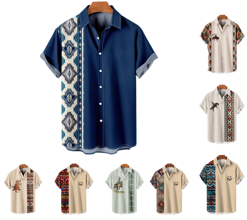 Vintage Ethno Print Herren Casual Kurzarm T-Shirt Cowboy Revers Knopf Bluse Streetwear Poloshirt 