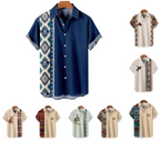 Vintage Ethno Print Herren Casual Kurzarm T-Shirt Cowboy Revers Knopf Bluse Streetwear Poloshirt 