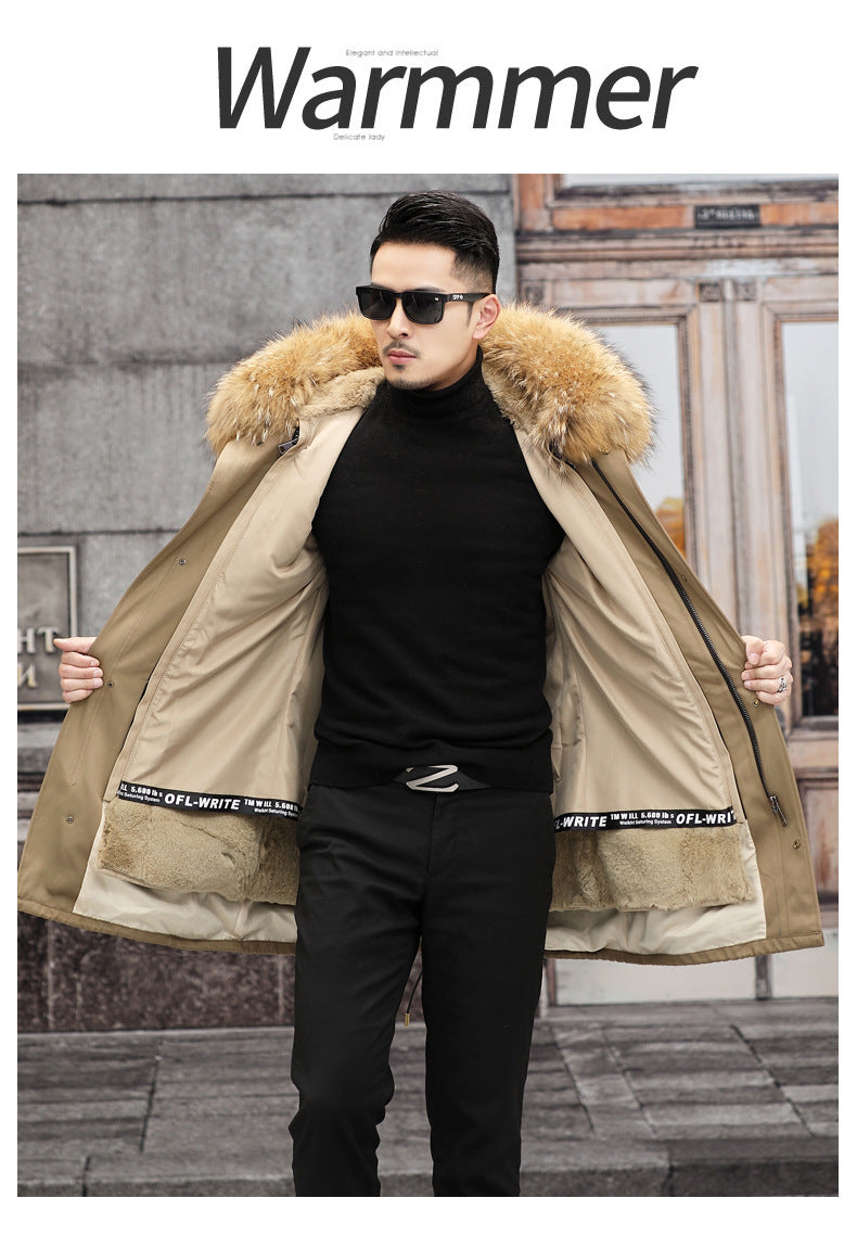Snow Lotus Men's Otter Rabbit Fur Parka | Detachable Fur Lining Long Winter Coat | Mid-Length Hooded Faux Fur Jacket | 212