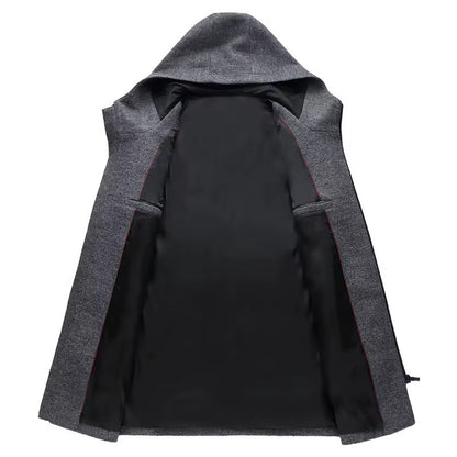 Herren Premium End Wollmischung Trenchcoat Reißverschluss Kapuze Mittellanger Mantel 