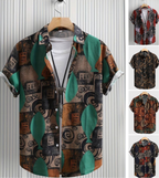 Herren-Hemd mit kurzen Ärmeln und Knopfleiste, Reverskragen, geometrischer Druck, lockere Passform, atmungsaktives, schnell trocknendes Baumwollmischhemd 