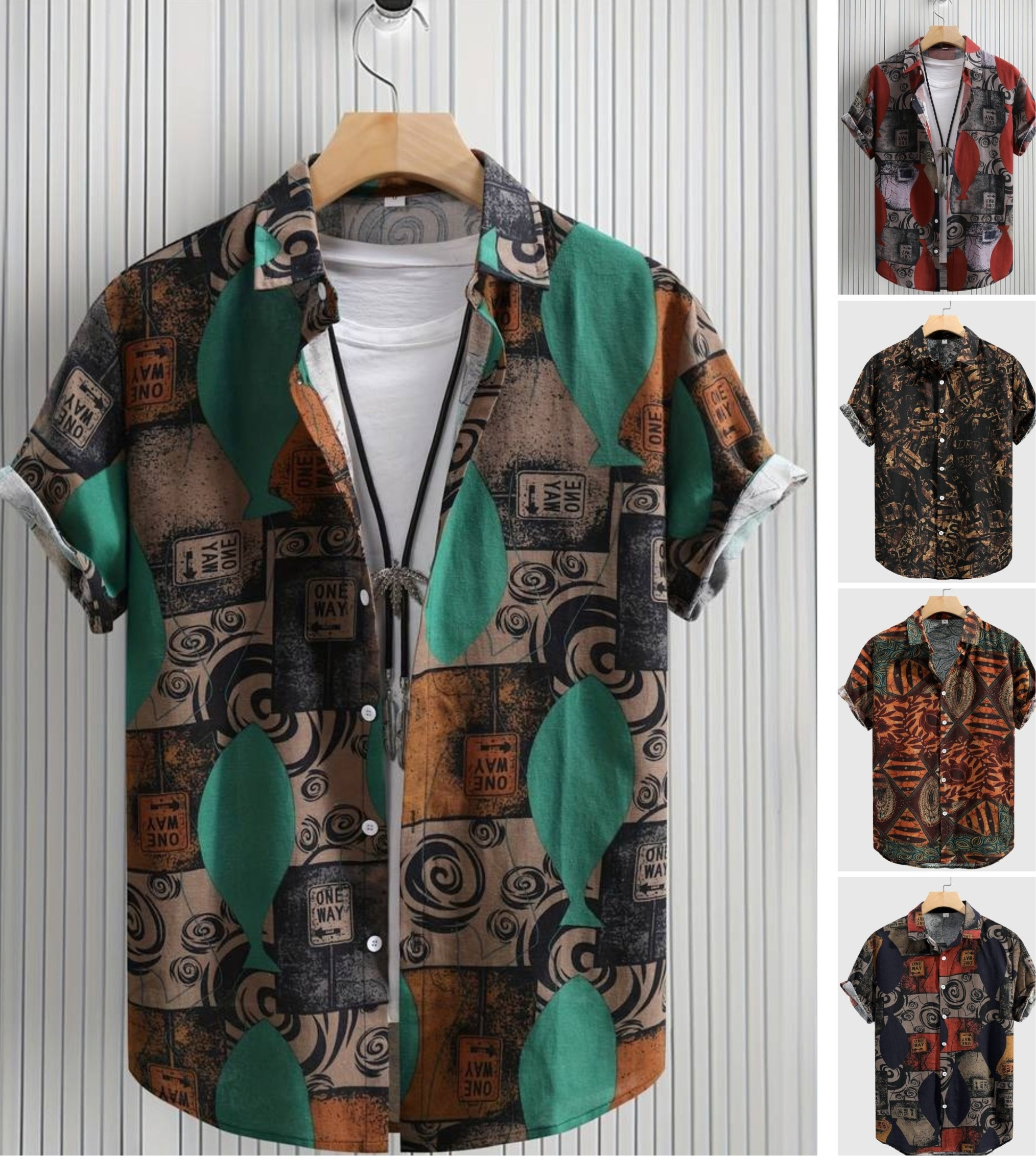 Herren-Hemd mit kurzen Ärmeln und Knopfleiste, Reverskragen, geometrischer Druck, lockere Passform, atmungsaktives, schnell trocknendes Baumwollmischhemd 