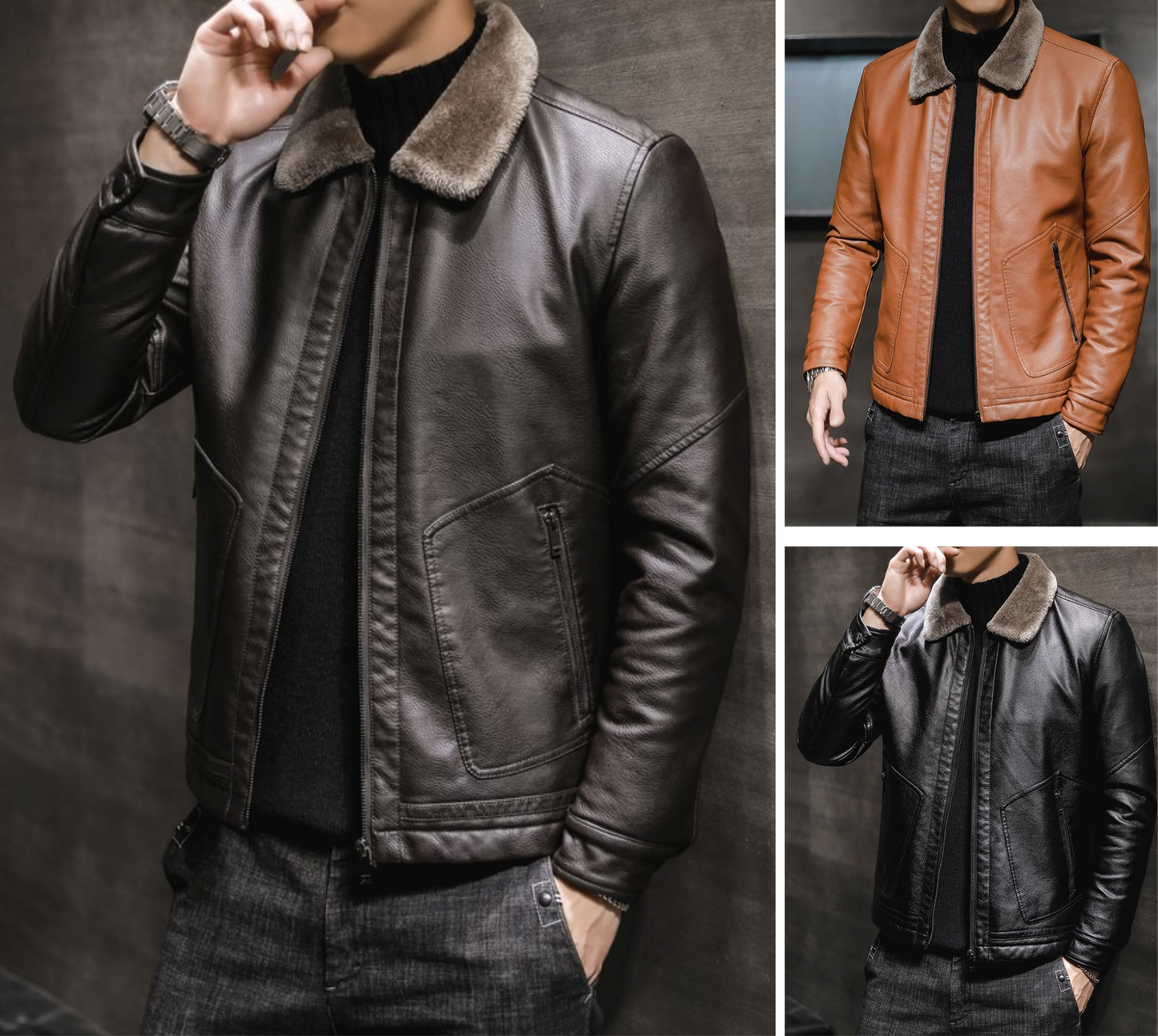 Men's PU Leather Jacket Coats High Quality Business Fur Collar Leather Bomber Warm Jacket | 2053