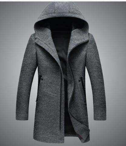 Herren Premium End Wollmischung Trenchcoat Reißverschluss Kapuze Mittellanger Mantel 