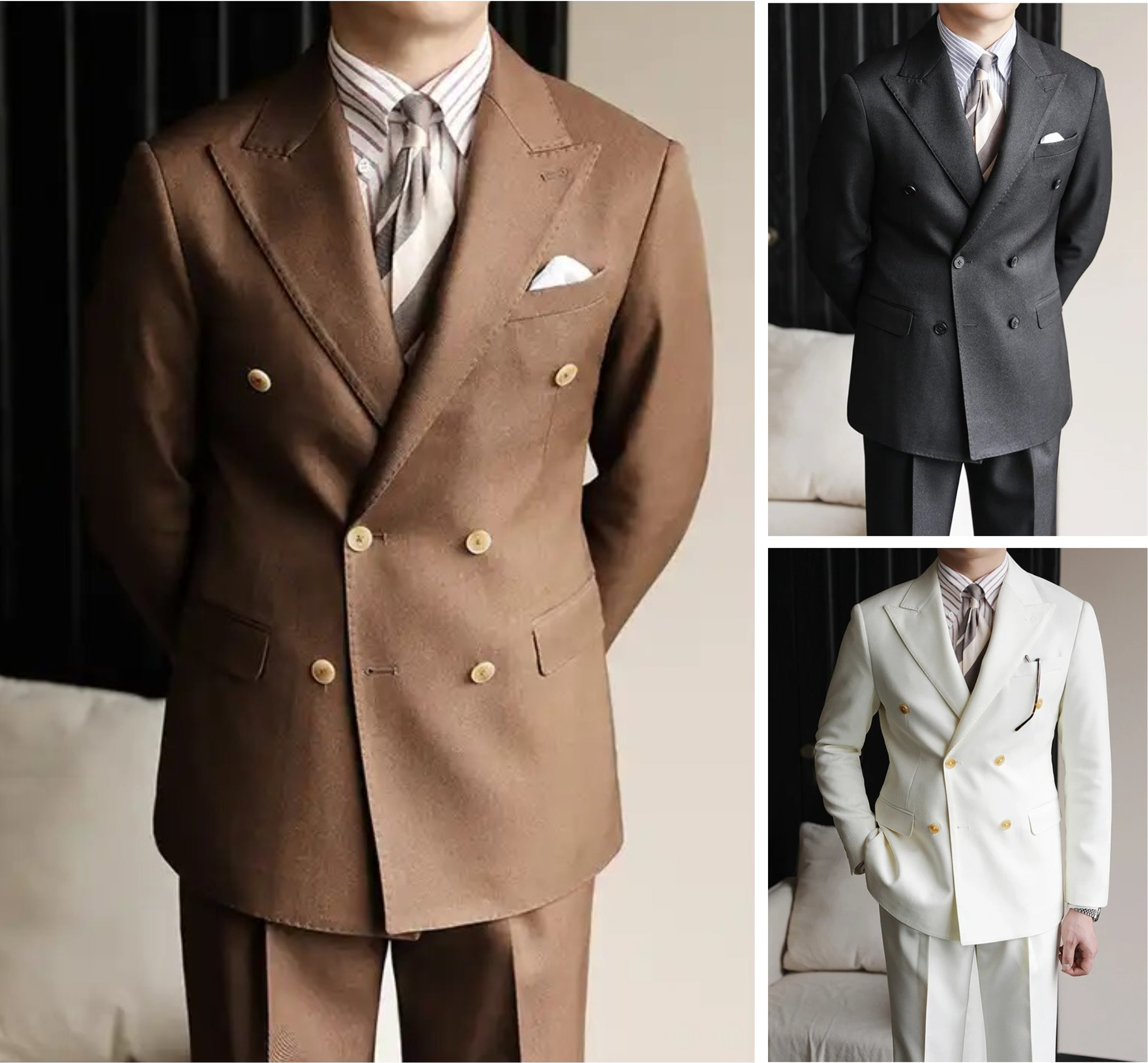 Hochwertiger zweiteiliger Slim Fit Zweireiher Anzug Einfarbig Steigendes Revers Doppelschlitze für Herren | S01 