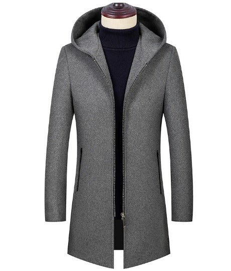 Trench-coat mi-long à capuche et fermeture éclair en laine mélangée de qualité supérieure pour homme | B518 