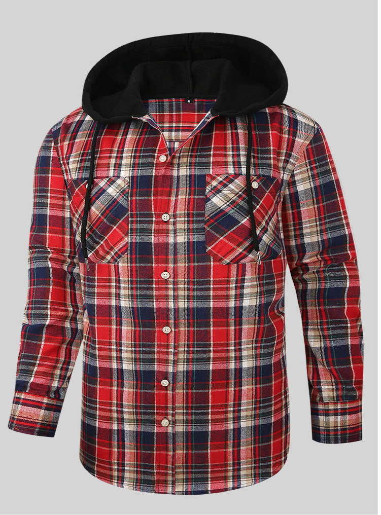 Chic Color Block Men's Plaid Pattern Hooded Long Sleeve Shirt Jacket With Drawstring And Pocket Spring Fall Outwear