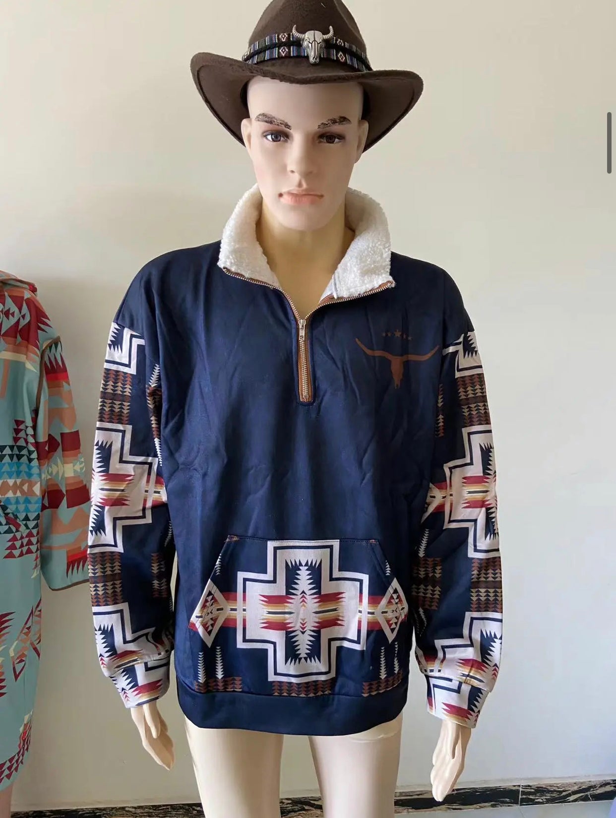 Herren Vintage Western Yellowstone Colorblock Pullover Große Größe Reißverschluss Stehkragen Sweatshirt | 99O9