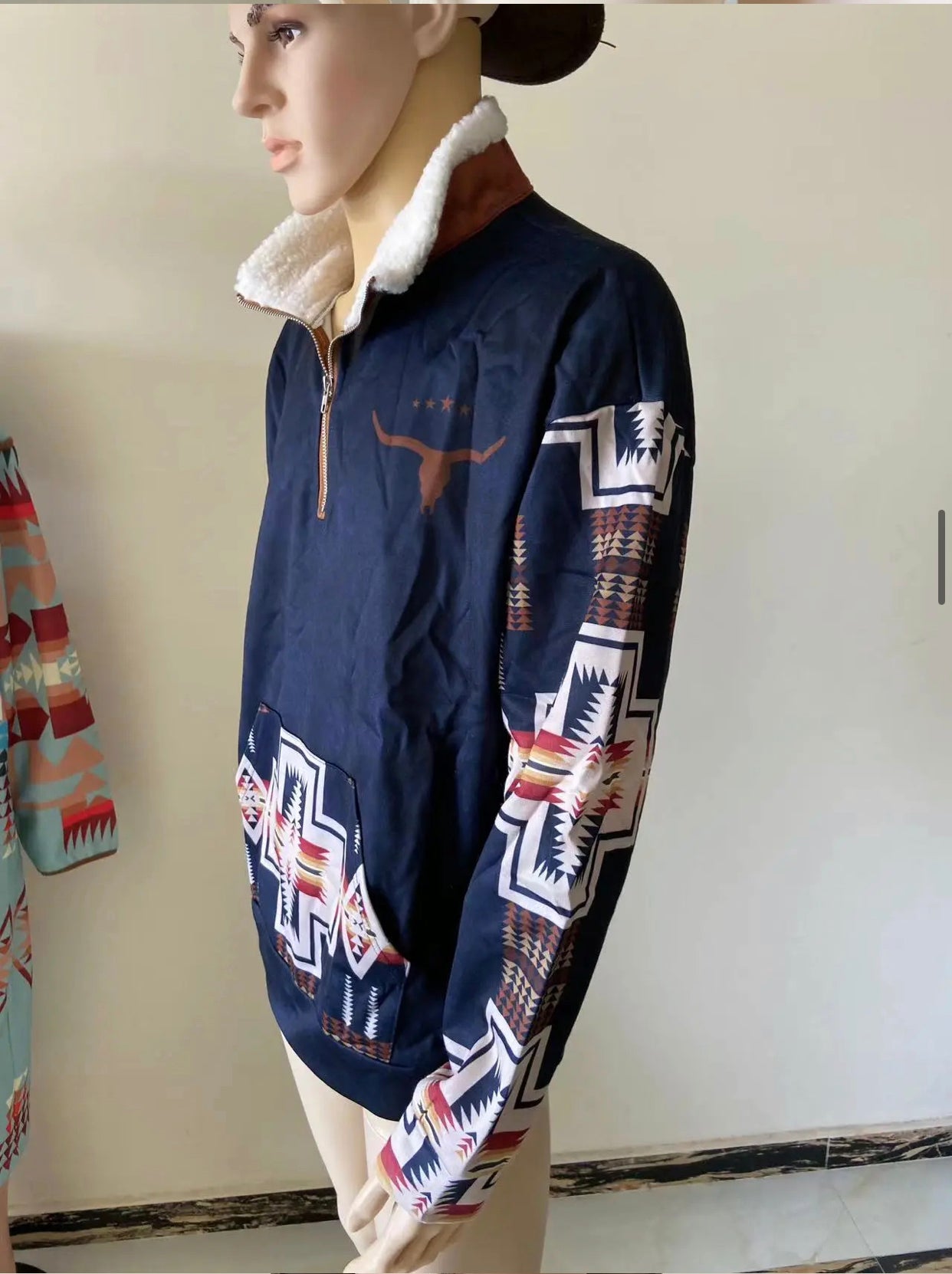 Herren Vintage Western Yellowstone Colorblock Pullover Große Größe Reißverschluss Stehkragen Sweatshirt | 99O9