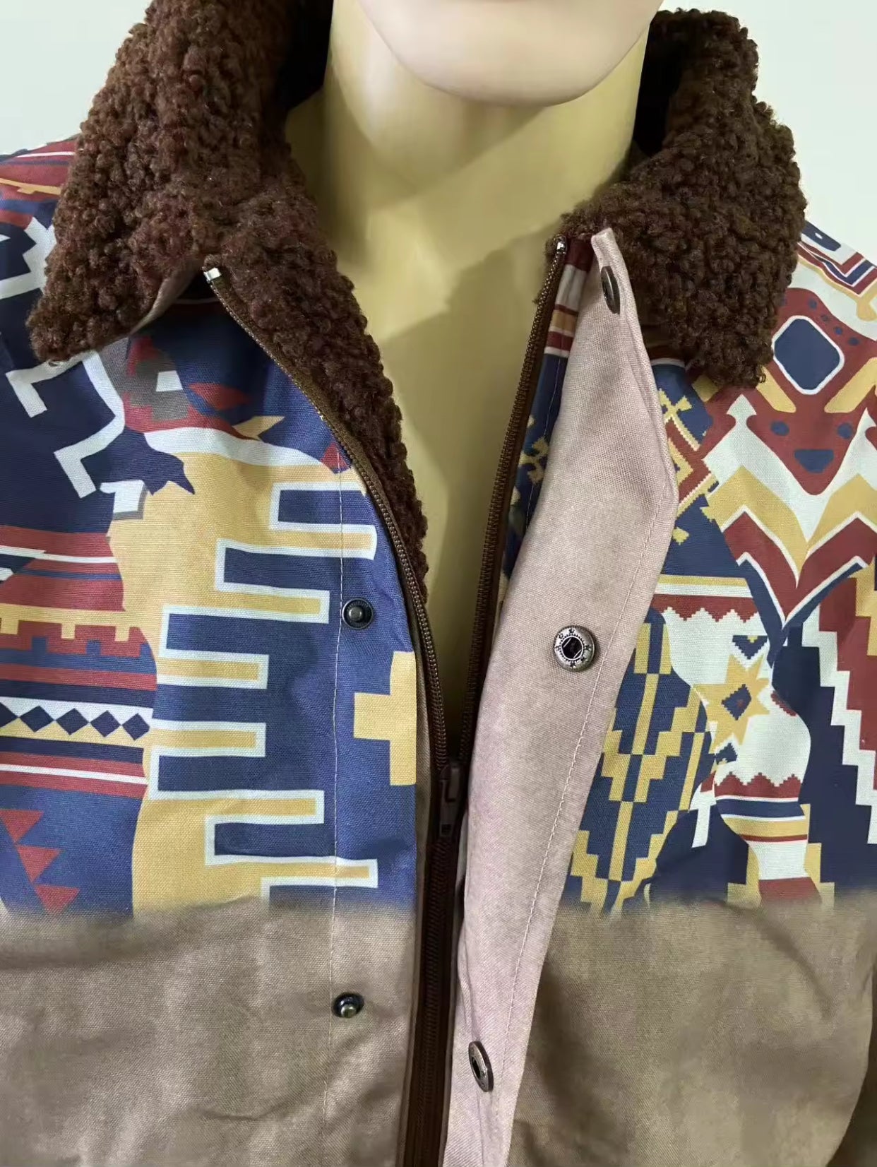 Herren-Fleece-Sherpa-Vintage-Jacke im Azteken-Stil, Übergröße, Reißverschluss und Knopfleiste, dicker taktischer Winter-Cargomantel mit Reverskragen 