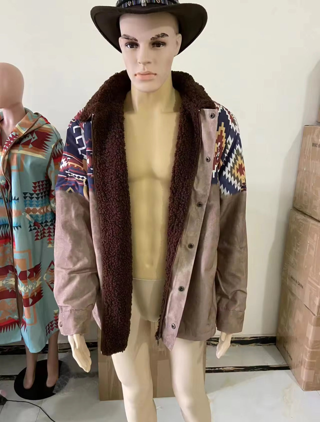 Herren-Fleece-Sherpa-Vintage-Jacke im Azteken-Stil, Übergröße, Reißverschluss und Knopfleiste, dicker taktischer Winter-Cargomantel mit Reverskragen 