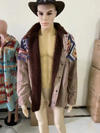 Herren-Fleece-Sherpa-Vintage-Jacke im Azteken-Stil, Übergröße, Reißverschluss und Knopfleiste, dicker taktischer Winter-Cargomantel mit Reverskragen 