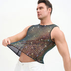 WINUU Men‘s Mesh Sequin Tank Top Rave Party Vest for Clubs & Music Festivals Shiny Glitter Muscle Tee Shirt