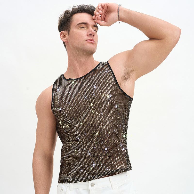 WINUU Men‘s Mesh Sequin Tank Top Rave Party Vest for Clubs & Music Festivals Shiny Glitter Muscle Tee Shirt