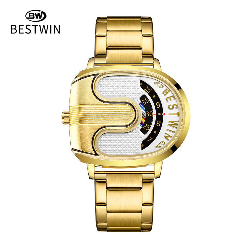 BESTWIN Men‘s Gold U-Shape Digital Chronograph Watch | Fashion Oval Dress Timepiece with Stainless Steel Bracelet | 988