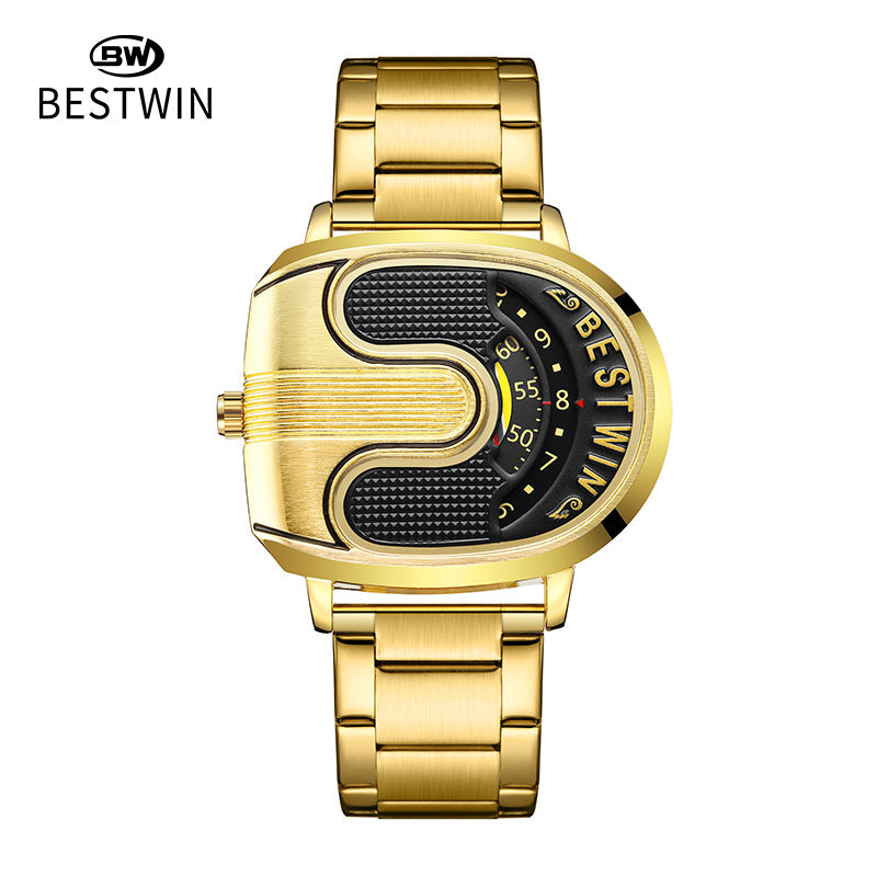 BESTWIN Men‘s Gold U-Shape Digital Chronograph Watch | Fashion Oval Dress Timepiece with Stainless Steel Bracelet | 988