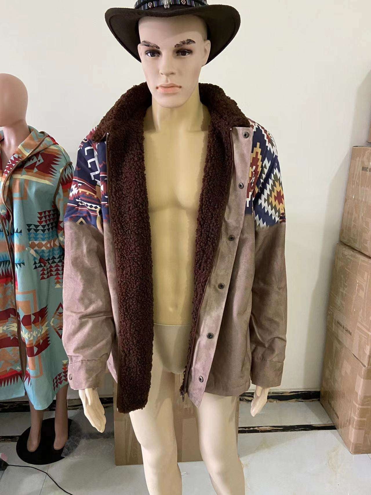 Herren Plus Size Casual Aztec Geometric Print Fleecejacke Streetwear Herbst Winter Loose Fit Mantel | TS-6594 