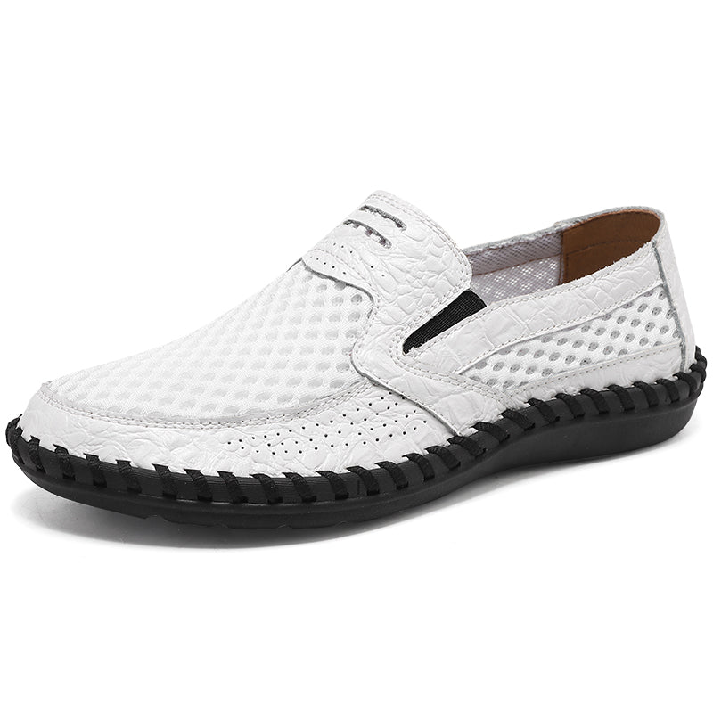 Men's Lightweight Loafers Cowhide Retro Hand-Sewn Slip-On Driving Shoes with Soft Mesh Sole for Outdoor Travel | HB3399