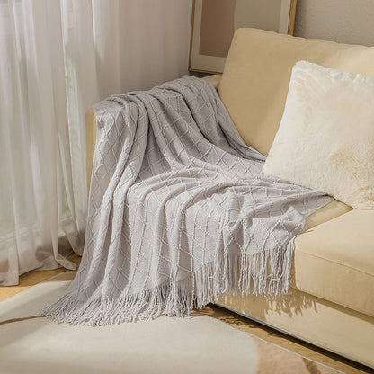 Cozy Knit Throw Blanket with Tassels Lightweight Breathable Acrylic for Sofa & Travel Comfort | YENLN06