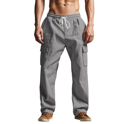 Herren-Cargohose aus leichtem Leinen für alle vier Jahreszeiten, atmungsaktiv, mit mehreren Taschen, lockere Hose mit weitem Bein | MTGZ-9 