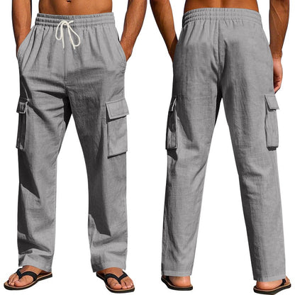 Herren-Cargohose aus leichtem Leinen für alle vier Jahreszeiten, atmungsaktiv, mit mehreren Taschen, lockere Hose mit weitem Bein | MTGZ-9 