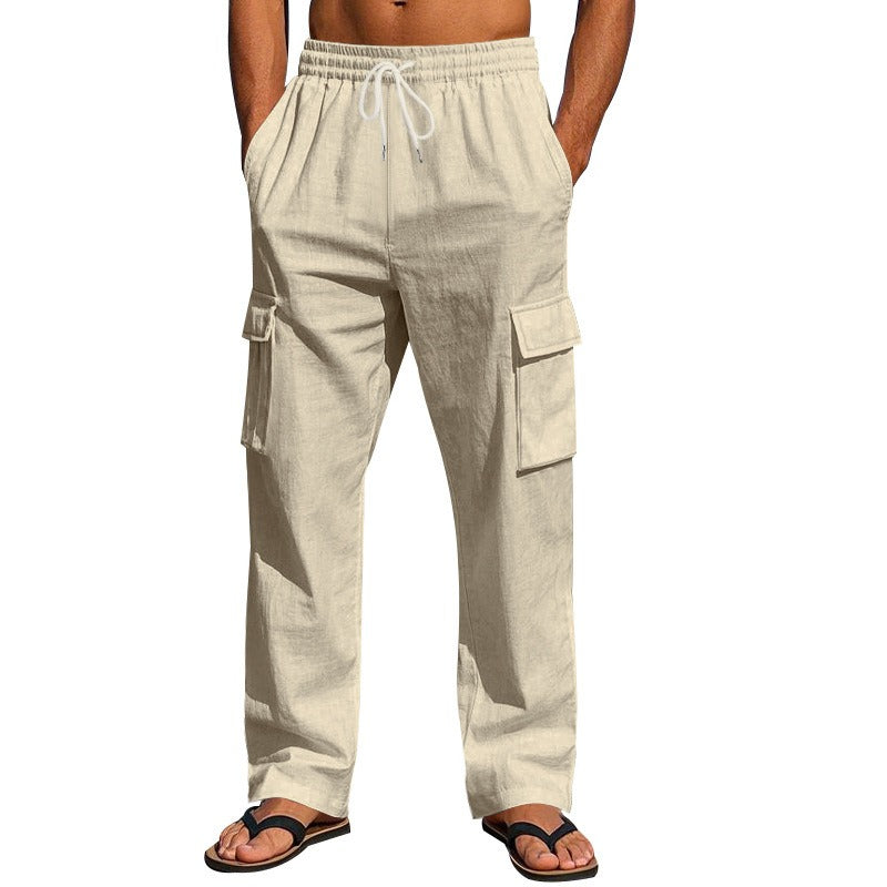 Herren-Cargohose aus leichtem Leinen für alle vier Jahreszeiten, atmungsaktiv, mit mehreren Taschen, lockere Hose mit weitem Bein | MTGZ-9 
