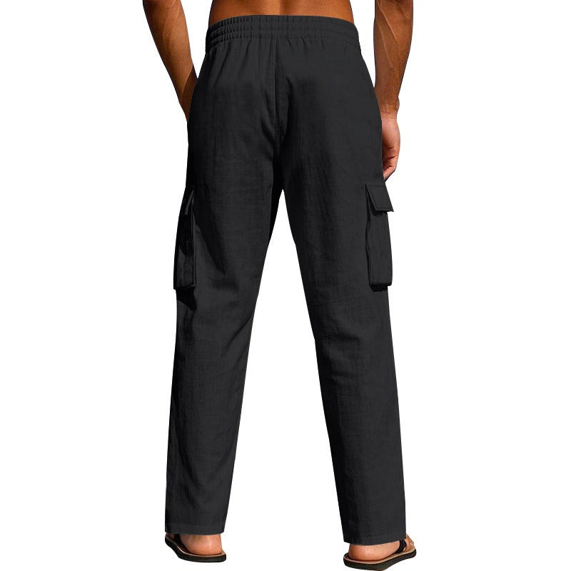 Herren-Cargohose aus leichtem Leinen für alle vier Jahreszeiten, atmungsaktiv, mit mehreren Taschen, lockere Hose mit weitem Bein | MTGZ-9 
