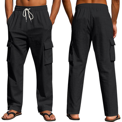 Herren-Cargohose aus leichtem Leinen für alle vier Jahreszeiten, atmungsaktiv, mit mehreren Taschen, lockere Hose mit weitem Bein | MTGZ-9 