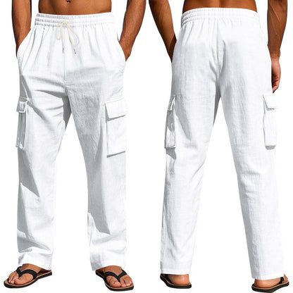 Herren-Cargohose aus leichtem Leinen für alle vier Jahreszeiten, atmungsaktiv, mit mehreren Taschen, lockere Hose mit weitem Bein | MTGZ-9 